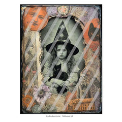 A vintage-style Halloween collage print featuring a young girl in a witch hat holding a black cat, surrounded by an orange face, a black cat portrait, a pocket watch, and a small haunted house,