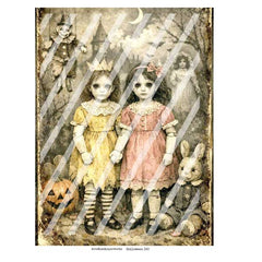 Vintage-style Halloween art print featuring two dolls in yellow and pink dresses standing beside a rabbit and a jack-o'-lantern, with a ghostly figure and moon in the background. 