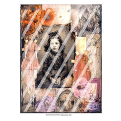 A vintage-style mixed-media collage art print featuring a central portrait of a young girl, floral elements, ghostly figures, 