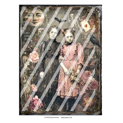 A gothic-style Halloween art print featuring two young girls in dark and pink Victorian dresses, surrounded by roses, a skeleton, a raven, and a moon face,