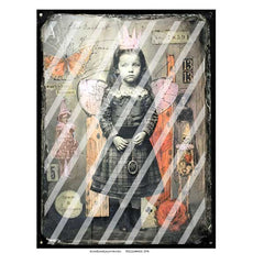 Vintage-style illustrated Halloween art print  featuring a young girl in a dark dress with angel wings, surrounded by butterflies, numbers, and aged paper textures. The artwork is shown centered on a white background with a black distressed border.