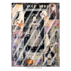 A vintage-style Halloween collage print featuring a central portrait of a young girl in a dress, surrounded by a raven, moon phases, a skeleton, a witch hat, a pumpkin, and torn paper overlays. 