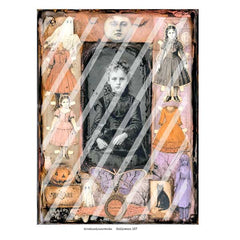 Vintage-style Halloween collage print featuring a central black-and-white portrait of a young girl, surrounded by illustrated dolls, a ghost, a pumpkin, a butterfly, a cat, and distressed decorative borders. The artwork is shown against a light gray background 