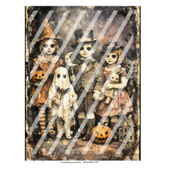Vintage-style Halloween art print featuring four eerie children in costume, including a witch, ghost, and skeleton figure, with jack-o'-lanterns and a small house. The artwork has a distressed, aged appearance 