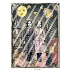 Vintage-style Halloween  art print showing two young girls in formal dresses standing in a dark, whimsical scene with a crescent moon face, stars, a tower, bare trees, and a black cat. 