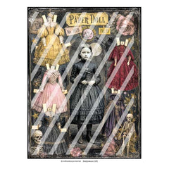 A vintage-style Halloween art print titled 'Paper Doll' featuring a central portrait of a girl in a black dress surrounded by multiple doll figures in yellow, pink, red, and purple dresses, with skulls and decorative labels on a dark background.