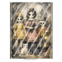 Vintage-style Halloween art print featuring three creepy children dressed in old-fashioned clothing, including a girl in a pink dress, a boy in a brown suit, and a girl in a yellow dress, with skeleton and cat details. The print has a distressed, aged appearance with a black border 