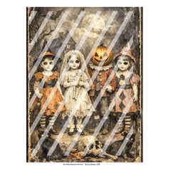 Vintage-style Halloween art print featuring three children in costumes standing in a spooky graveyard scene under a full moon. The artwork has a distressed, aged appearance 