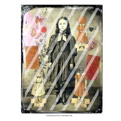 Vintage-style Halloween collage artwork featuring a central dark-haired girl in a black dress, surrounded by smaller children, butterflies, flowers, and torn paper elements, shown against a white surround.