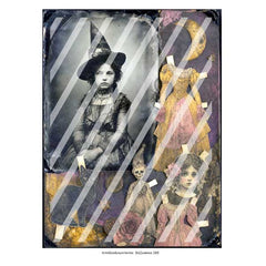 Vintage-style Halloween collage sheet featuring multiple ghostly portrait cutouts, including a witch, a skeleton, and a girl in pink, with a crescent moon and roses on a dark purple background. 