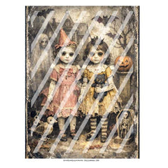 Vintage-style Halloween art print Collage Sheet featuring two creepy dolls, a jack-o'-lantern, a small bird, and a skeleton in a dark, distressed scene. 