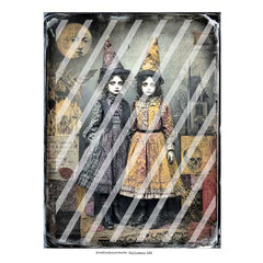 A vintage-style Halloween collage print featuring two Halloween children in pointed witch hats, a large moon face, and aged paper textures. 