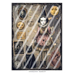 Vintage-style Halloween collage print featuring a girl in a witch hat and dress holding a moon balloon, with a black cat, moon faces, pocket watch, and old paper labels on a distressed gray-brown background.
