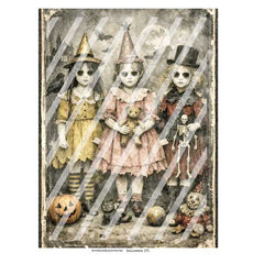 Vintage-style Halloween collage sheet  featuring three eerie children in witch and gothic outfits, with a pumpkin, cat, skull, and moon in a distressed sepia-toned Halloween Collage Sheet.