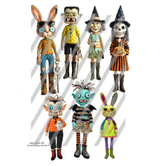 A set of eight handcrafted, whimsical Halloween figurines made from natural wood and painted with vibrant colors, 