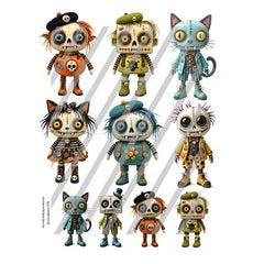 A Halloween Collage Sheet with creepy Paper Dolls featuring a mix of stylized skeleton cats and robots in various colorful outfits.