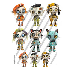 A sheet of nine colorful, stitched halloween style paper dolls.  The dolls have distressed painted faces, large blue or yellow eyes, and various outfits in orange, green, yellow, and blue.