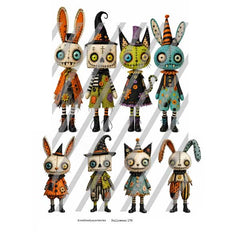 A set of eight whimsical, handcrafted Halloween bunny and witch paper dolls in a Halloween collage sheet. The kooky Paper Dolls feature unique painted faces, patterned clothing, and spooky accessories.