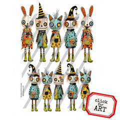 A set of whimsical, colorful Day of the Dead Halloween style Collage Sheets. One doll wears a black witch hat. 