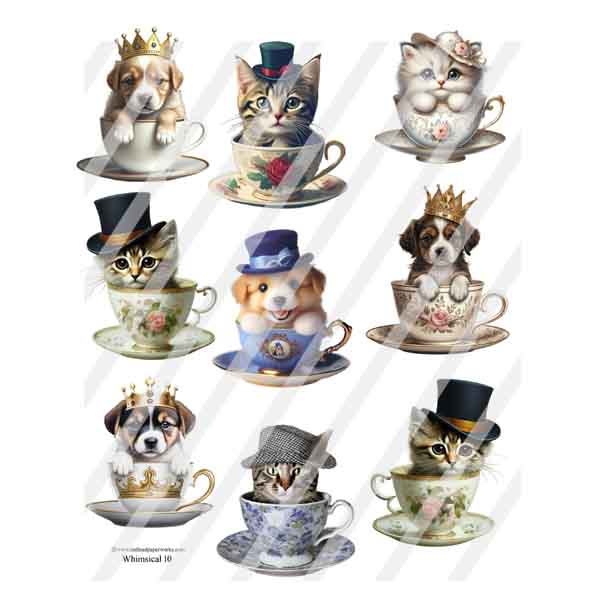 Whimsical 10 Kitties & Pups in Cups Collage Sheet