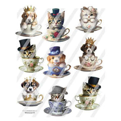 Whimsical 10 Kitties & Pups in Cups Collage Sheet