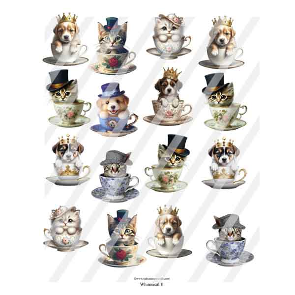 Whimsical 11 Kitties & Pups in Cups Collage Sheet