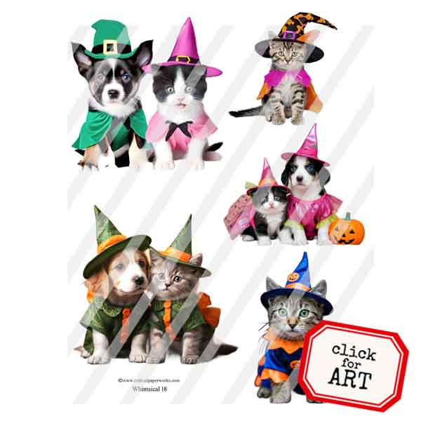 Whimsical 18 Halloween Kittens and Pups Collage Sheet