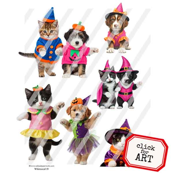 Whimsical 19 Kittens and Pups in Costumes Collage Sheet