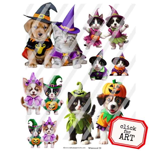 Whimsical 20 Kittens and Pups in Halloween Costumes Collage Sheet