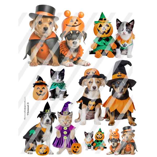 Whimsical 21 Kittens and Pups in Halloween Costumes Collage Sheet