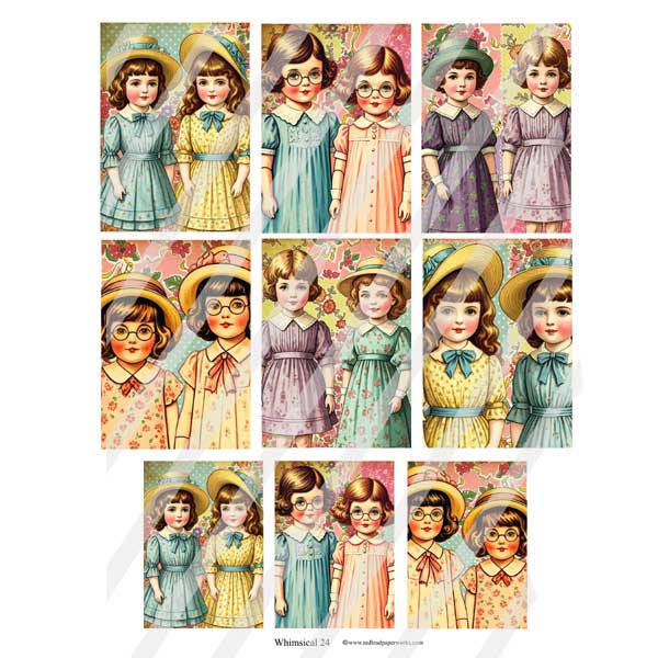 Whimsical 24 Paper Doll Artist Trading Cards Collage Sheet