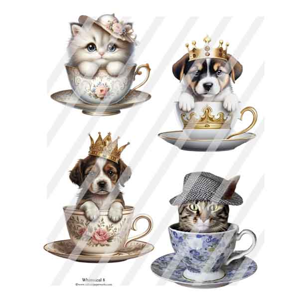 Whimsical 8 Kitties & Pups in Cups Collage Sheet