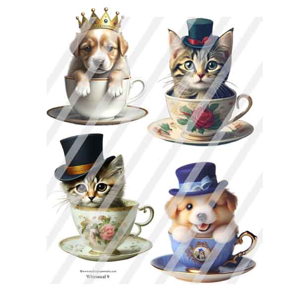 Whimsical 9 Kitties & Pups in Cups Collage Sheet