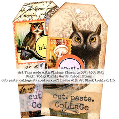 Collaged Art tags with owls and rubber stamped cut paste collage on kraft paper