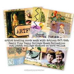 Collage of artist trading cards made with Artisan 647 and 648, featuring torn vellum and collage elements.