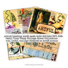 Collage of artist trading cards made with Artisan 647 and 648, featuring cut paste collage stamped on kraft paper.