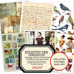 Collage sheet collection with vintage elements including birds, letters, and stamps.