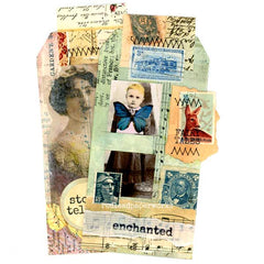 Enchanted Fairy Tales Mixed Media Collage Tag Vintage Postage Stamps Wood Mounted Word Stamps