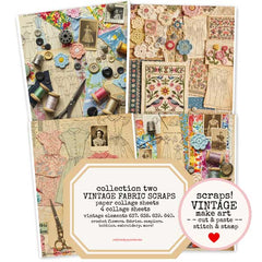 Vintage fabric scraps with decorative elements on a white background
