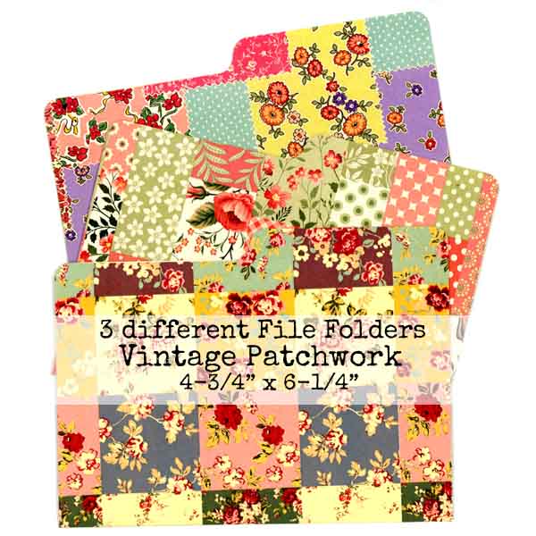 3 Vintage Patchwork Card Stock File Folders