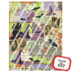 Halloween-themed collage with ghosts, witches' hats, and tombstones on a colorful background.