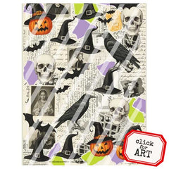 Halloween-themed collage with pumpkins, witches' hats, and skulls on a textured background.