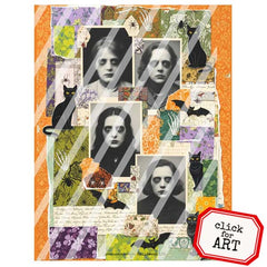 Collage art piece with vintage-style portraits, cats, and Halloween-themed elements on a colorful background.