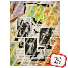 Collage of vintage-style images with Halloween-themed elements on a textured background.