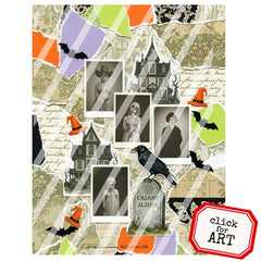 Halloween-themed collage with haunted houses, ghosts, and crows on a patterned background.