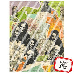 Collage with skeletons, flowers, and text on a colorful background