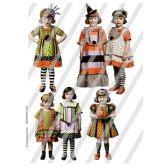 Paper Dolls Halloween Collage Sheet with costumes with polka dot and striped patterns on a white background