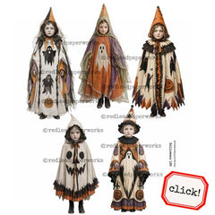 Halloween Paper Dolls Dressed in ghost Halloween Costumes. 