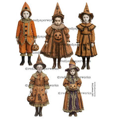 5 Vintage Style Orange and Black Halloween Paper Dolls are included on the Halloween Collage sheet