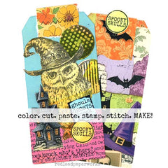 Colorful Mixed Media Halloween Owl Tags with Paper Scraps Collage Sheet